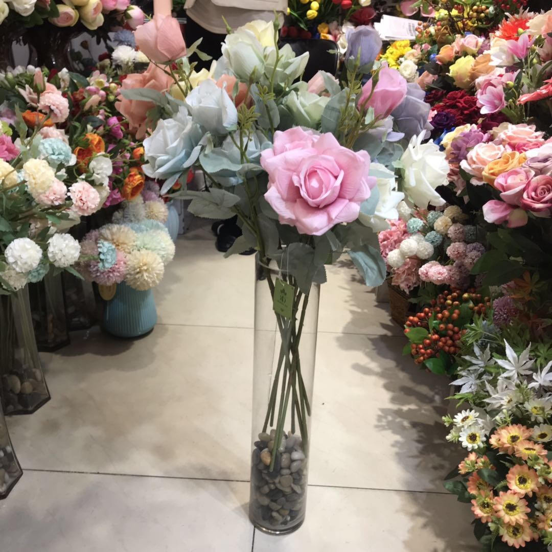 混搭玫瑰花仿真花单支插花客厅假花花束摆件欧式餐桌软装饰品婚庆绢花
