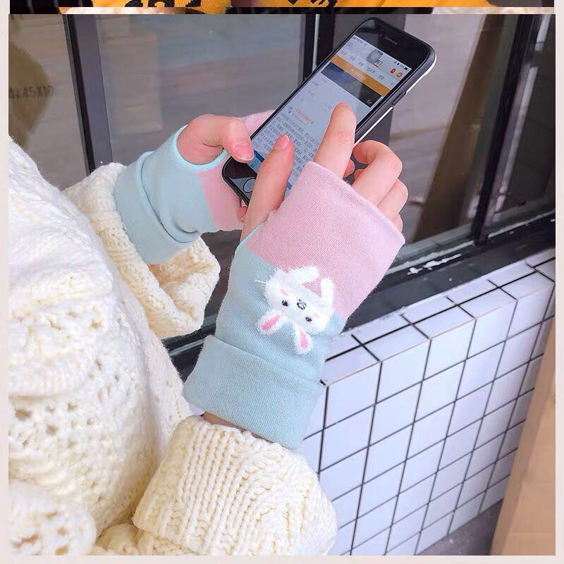 韩版可爱手套骑行半指女冬运动露指学生写字条纹针织双层保暖手套细节图