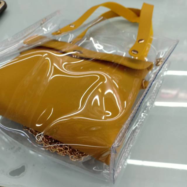 韩版黄颜色透明两件套手提小包包产品图