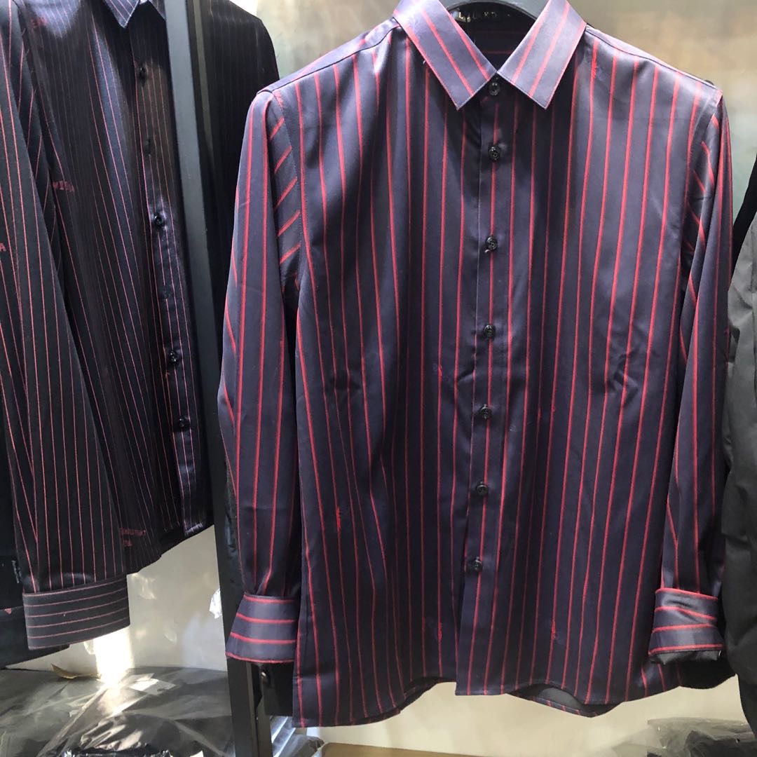 Red striped shirt men's fashion dress long sleeve vertical bar spring youth version slim shirt lapels easy to wear trend thumbnail