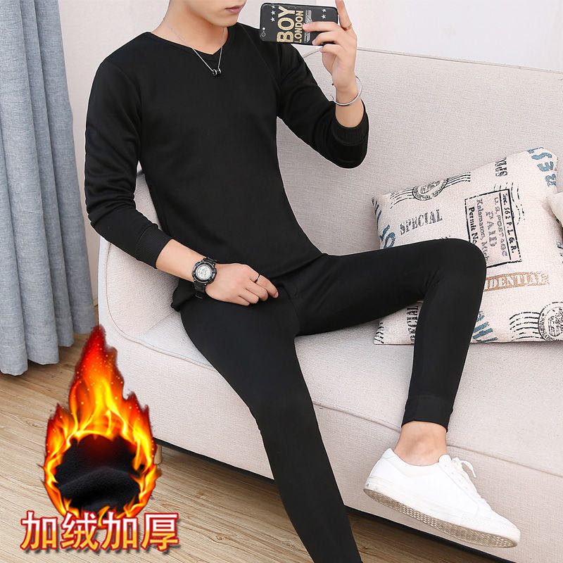 Men's Warm Underwear Men's Suit With Wool Thickened Winter Youth Student V Round Neck Large Size Cold Protection