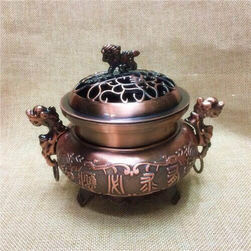 Antique alloy covered sandalwood incense burner with double dragon incense burner
