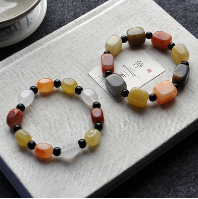 Natural Xinjiang golden thread jade raw stone bracelets for men and women, Gobi jade colored jade seed material bracelets, ethnic style jade jewelry