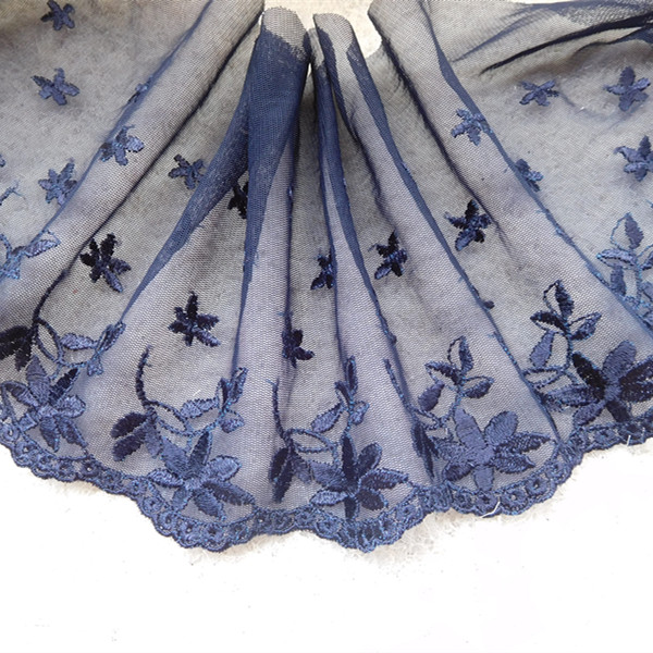 藏蓝色碎花网纱刺花朵蕾丝花边辅料diy衣服下摆娃衣手工材料