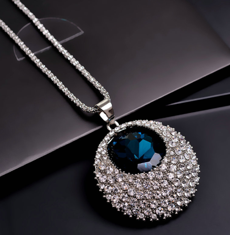 High-End Fashion With Crystal Round Sapphire Sweater Chain Long Necklace Hanging Accessories Wholesale details Picture