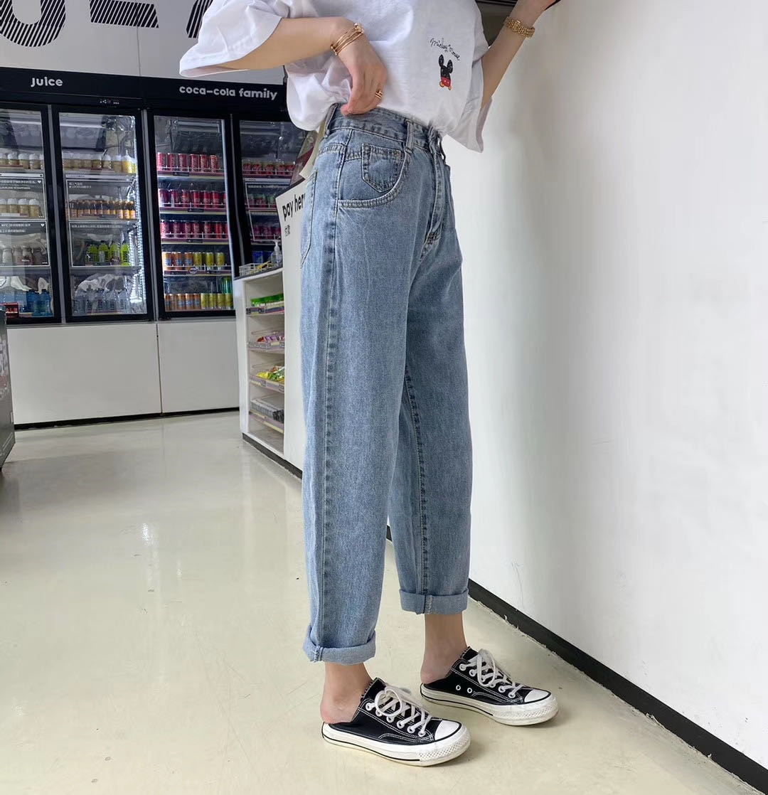 字母宽松牛仔裤高腰休闲长裤小个子学院风网红老爹裤流行产品图