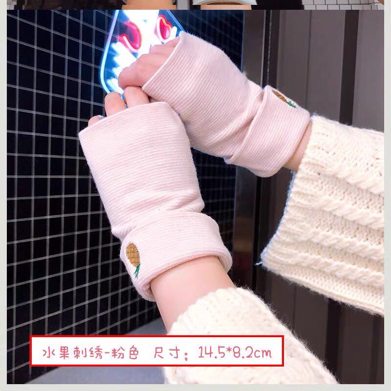 韩版可爱手套骑行半指女冬运动露指学生写字条纹针织双层保暖手套