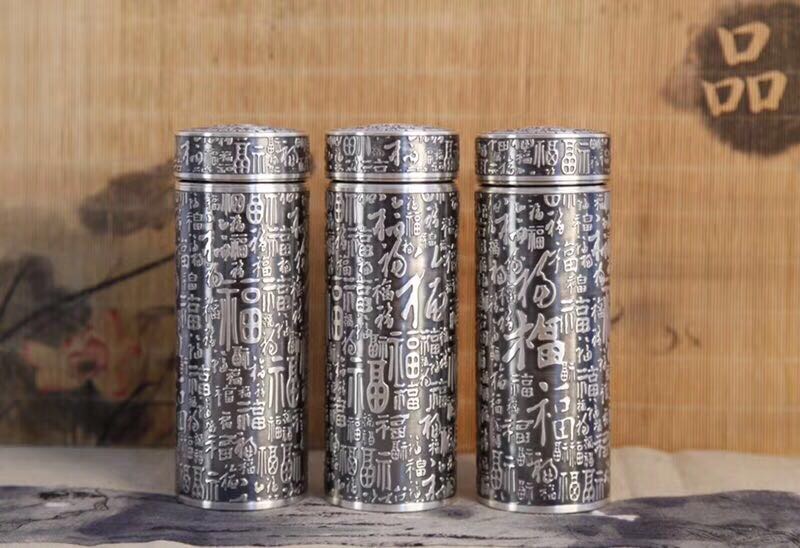 恒嘉银杯子999纯银内外雪花银 做旧足银杯银水杯百福心经
