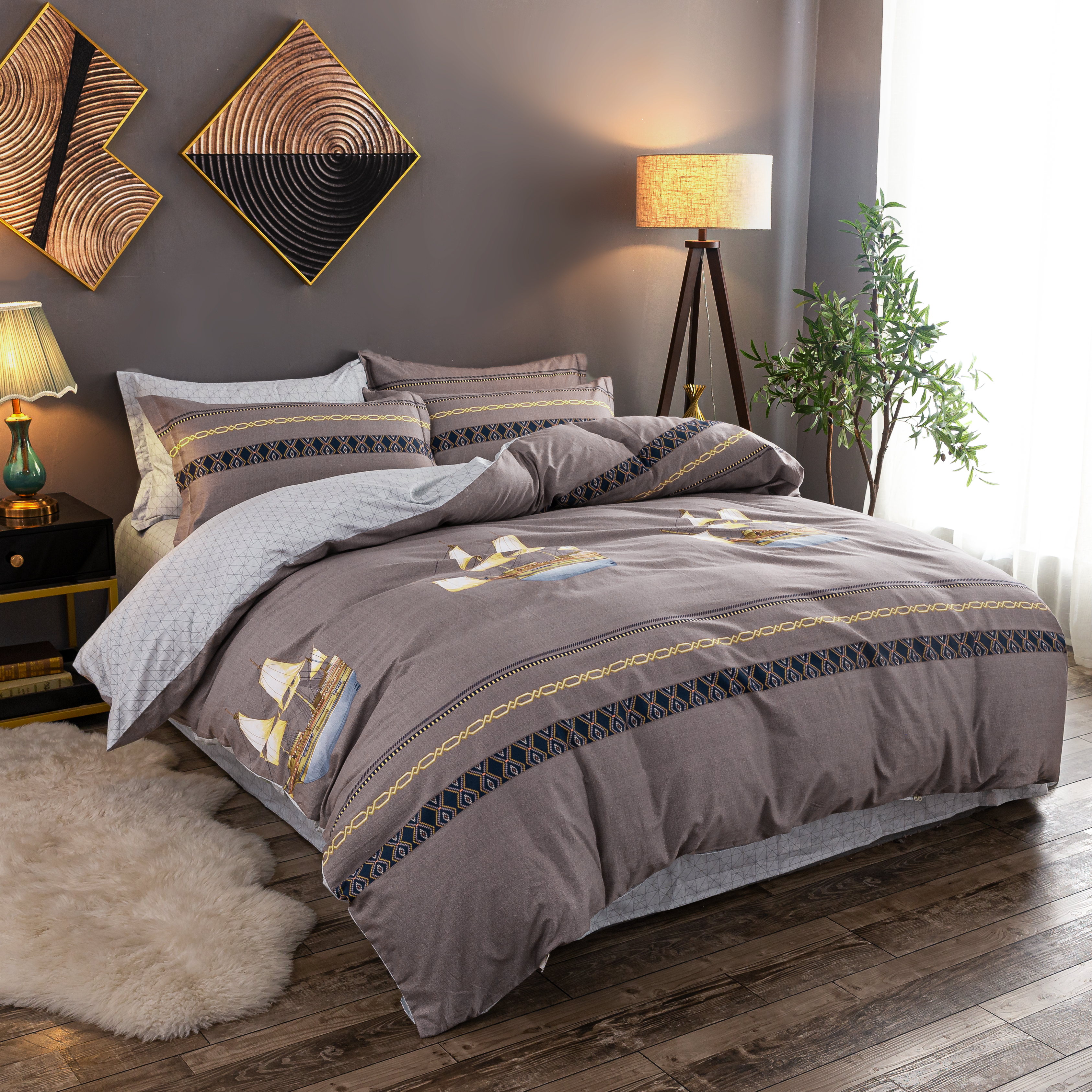 Cape No. 7 Brown Print 32s Thickened all-cotton Four-piece Set 200*230