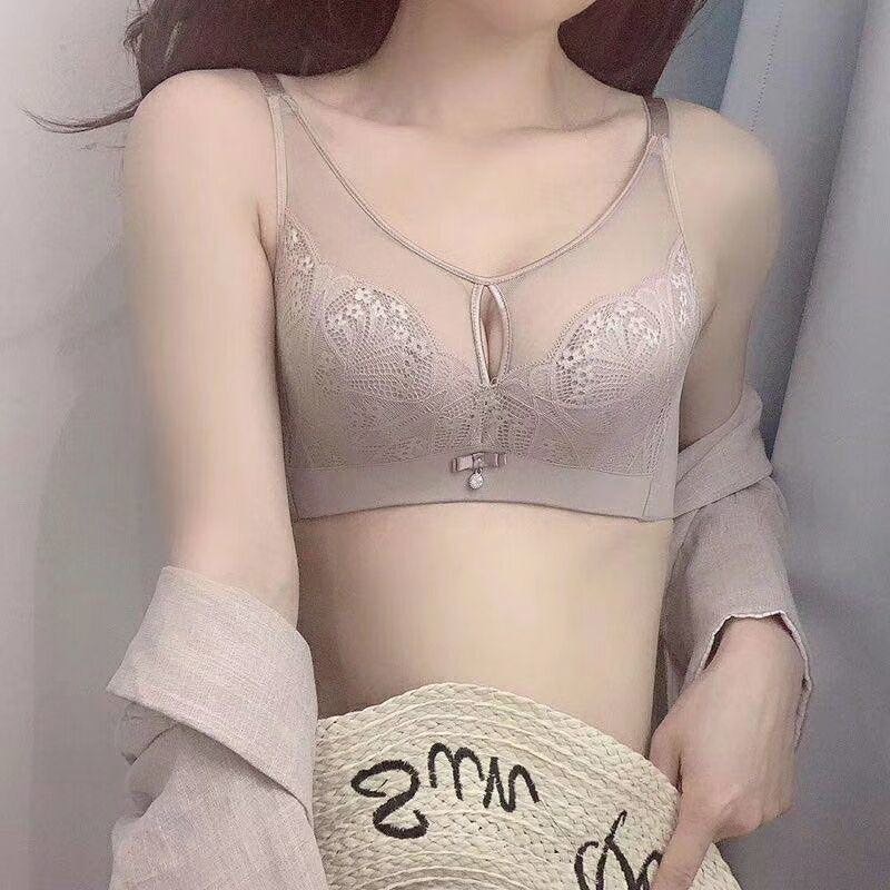 水晶杯性感文胸无钢圈大胸显小蕾丝聚拢胸罩