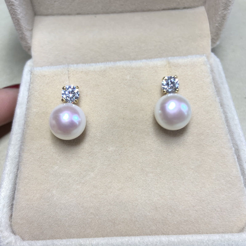 Classic Princess Diana Single Diamond Stud Earrings Rival Akoya White Pervious Floodlight Freshwater Pearls details Picture