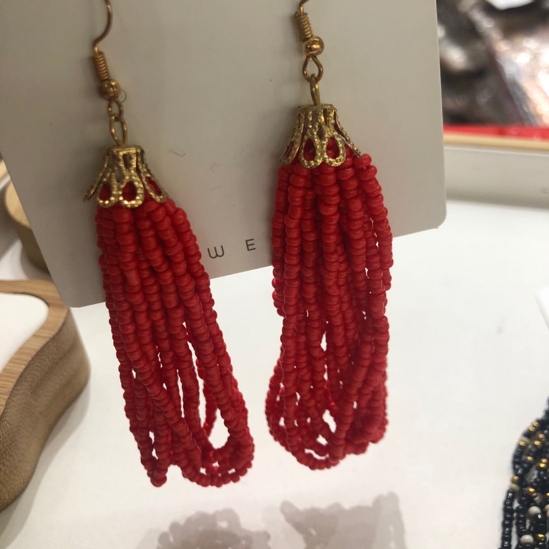 Korean-style simple forest-themed rice bead long tassel earrings, ear loops, fashionable rings, cute, sweet and elegant accessories