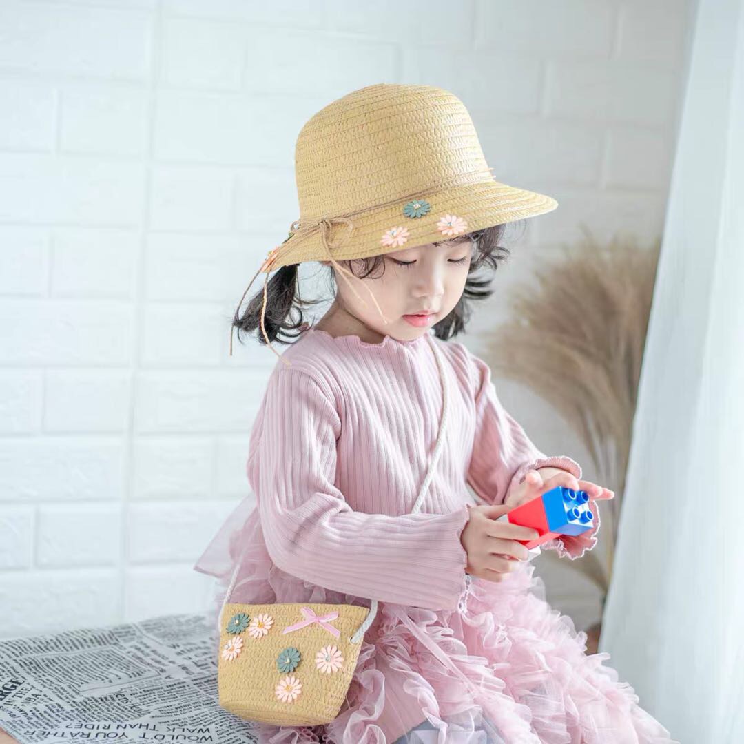 儿童草帽小童夏海边沙滩帽子夏季遮阳女童小孩防晒包包帽子套帽潮