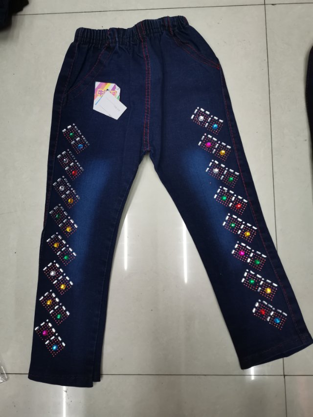 Blue double-leg jeans with diamonds, children's cotton pants
