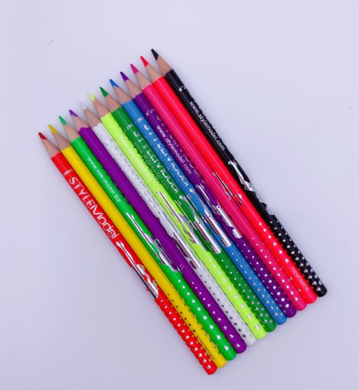 厂家直销圆杆荧光漆彩铅12色儿童绘画彩色铅笔图