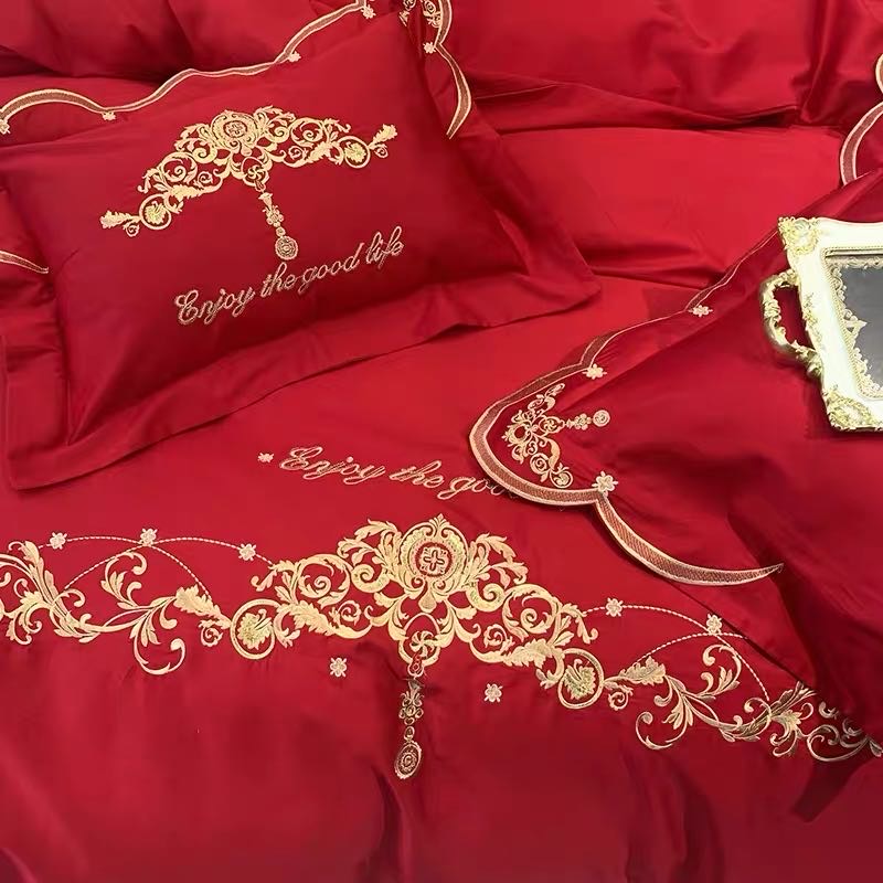 简约欧式刺绣四件套全棉60支长绒棉大红婚庆被套床单结婚床上用品详情图3