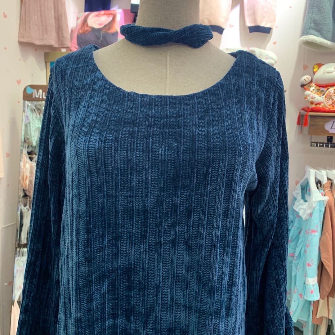2020 Spring and Autumn Women's home wear blue long-sleeved shirt, long pants, headband, comfortable and soft pajama set details Picture