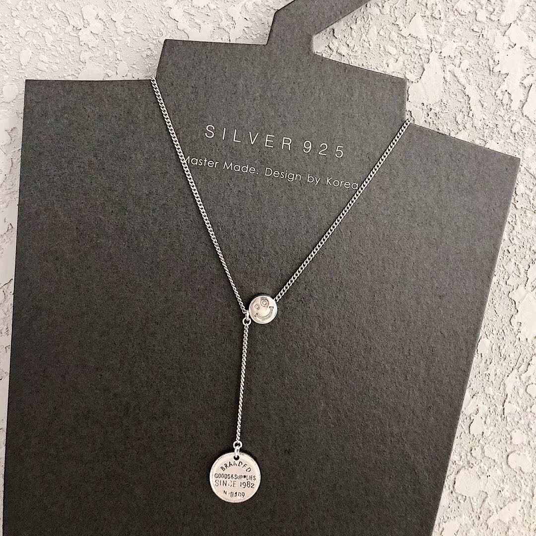 Japanese and Korean smiling face round brand pure silver necklace collarbone chain, Korean version sweet and elegant high-end anti-allergy accessory