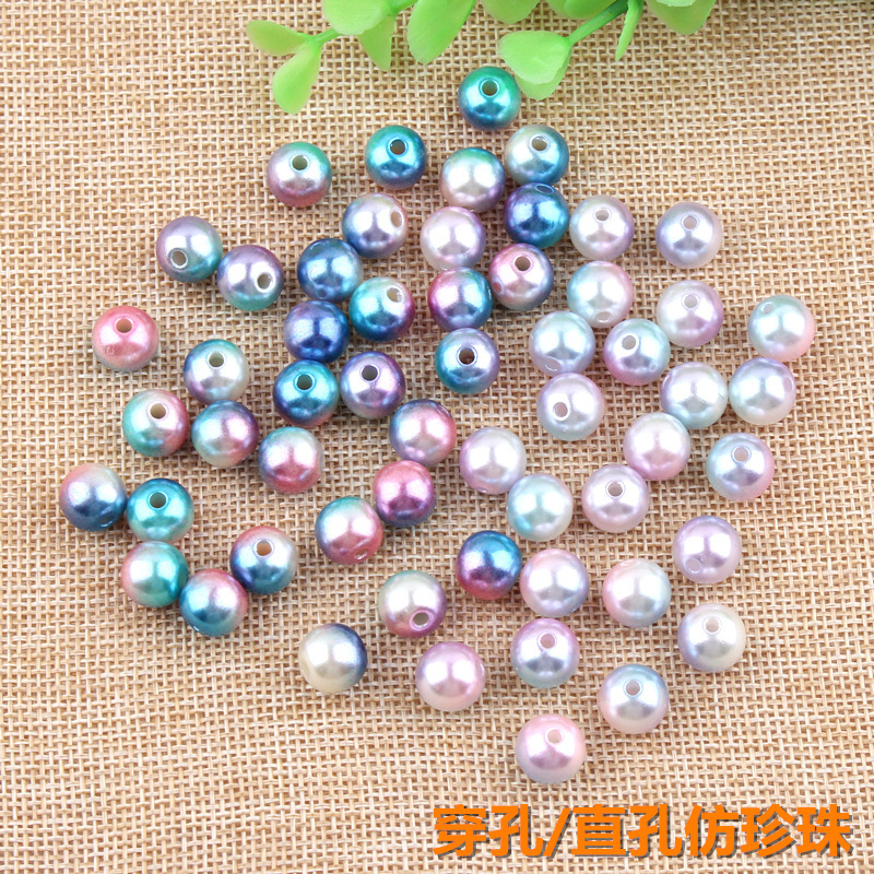 Multicolored pearl perforated straight hole pearl gradient color pearl abs round hand-sewn imitation pearl diy shoe and hat material details Picture