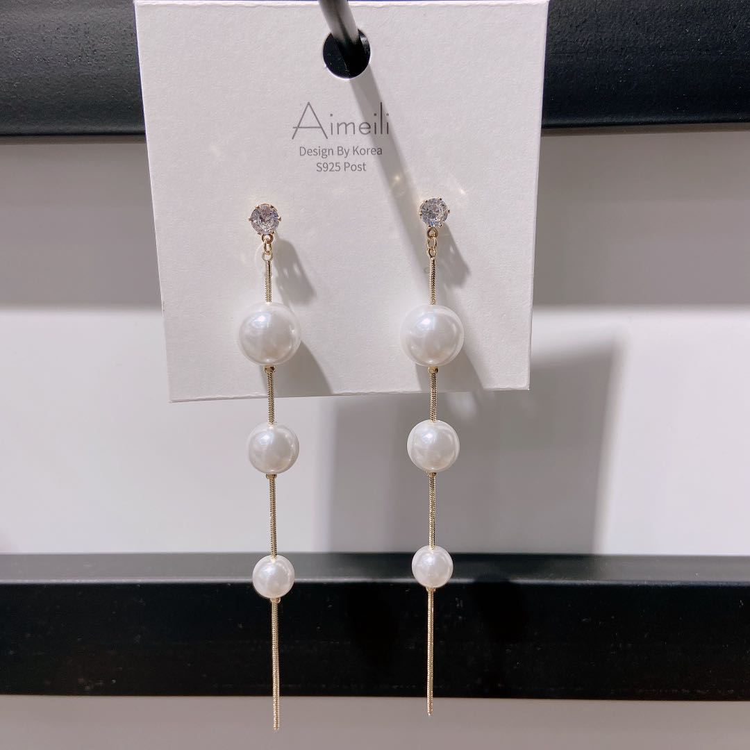 S925 silver needle pearl string back hanging type long earrings Japan and South Korea fashion personality temperament earrings full figure