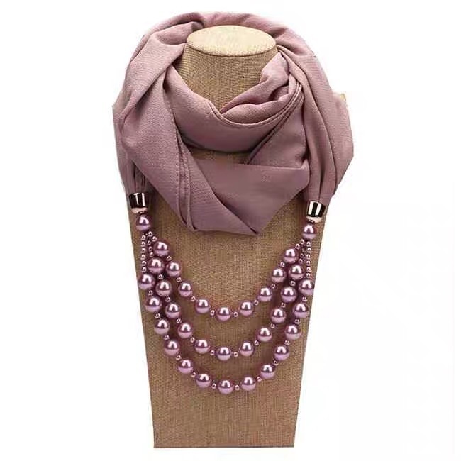 Muslim New Simple Scarf Necklace Gauze Scarf Convenient Cover Hui Imitation Pearl Bib Scarf details Picture