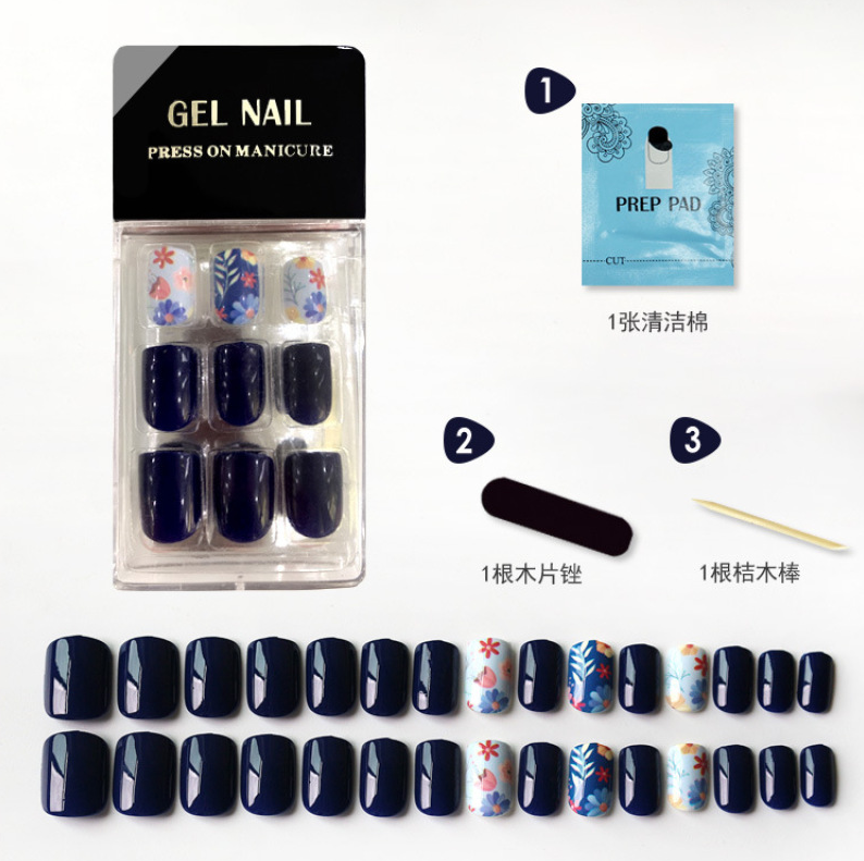 义乌好货 网红穿戴甲藏青色美甲片背胶贴膜假指甲30片divi塑料盒欧美跨境