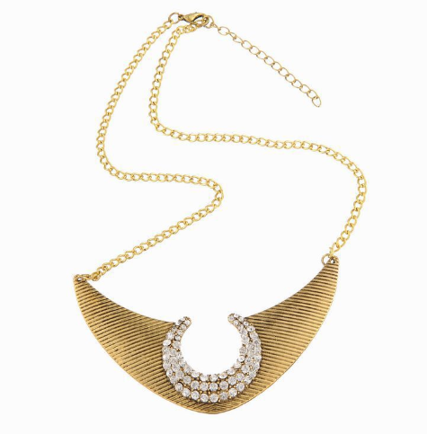 欧美热卖复古做旧镶钻条纹月牙短款装饰项链