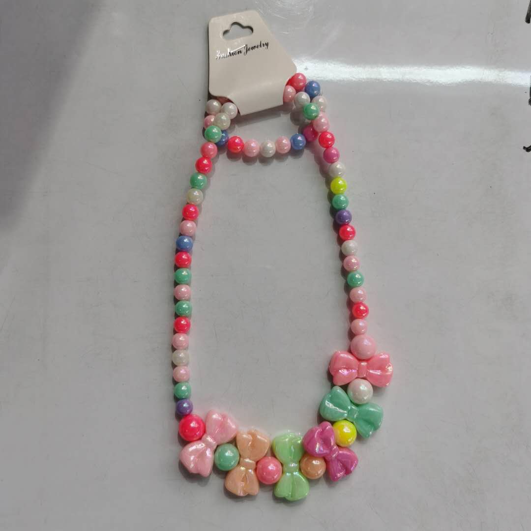 Korean-style fashionable and stylish children's versatile colorful bead jewelry bow necklace details Picture