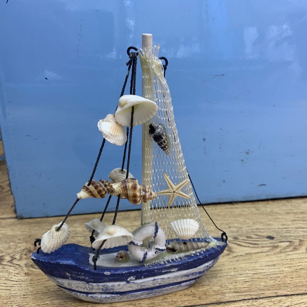 地中海帆船模型摆件木质做旧工艺船蓝白贝壳船家居装饰品图