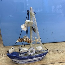 地中海帆船模型摆件木质做旧工艺船蓝白贝壳船家居装饰品