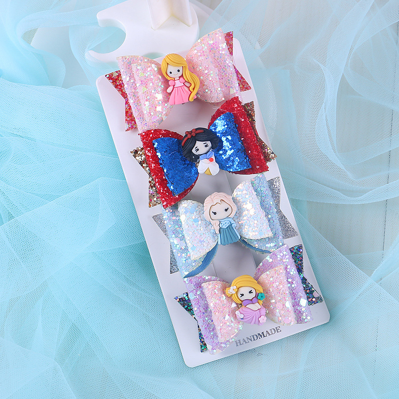 欧美新款公主冰雪奇缘爱莎亮粉蝴蝶结儿童发夹女头头饰品宝宝发夹