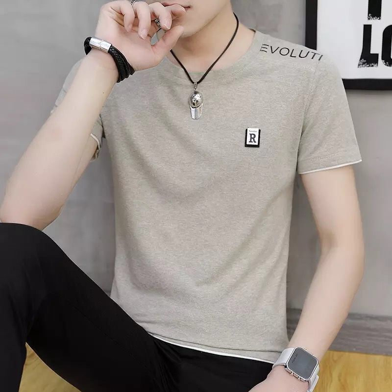 New men's fashion brand embroidered T-shirt, pure cotton summer men's short-sleeved Korean-style loose top, breathable student T-shirt details Picture