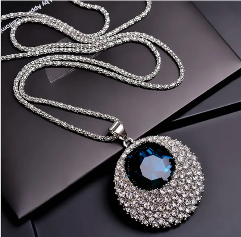 High-End Fashion With Crystal Round Sapphire Sweater Chain Long Necklace Hanging Accessories Wholesale