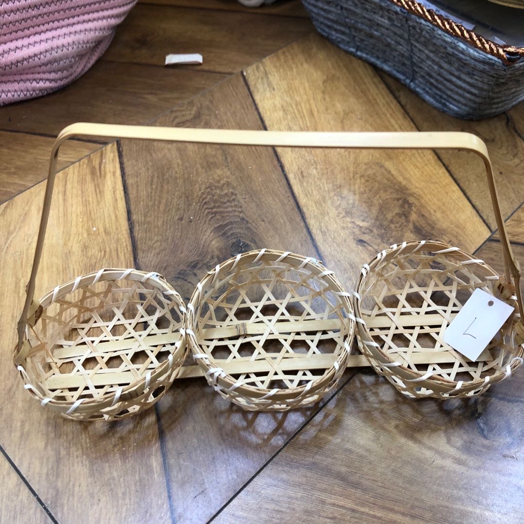 竹编提篮 茶点篮圆形提篮可拆卸果盘竹篮收纳篮点心茶道零配