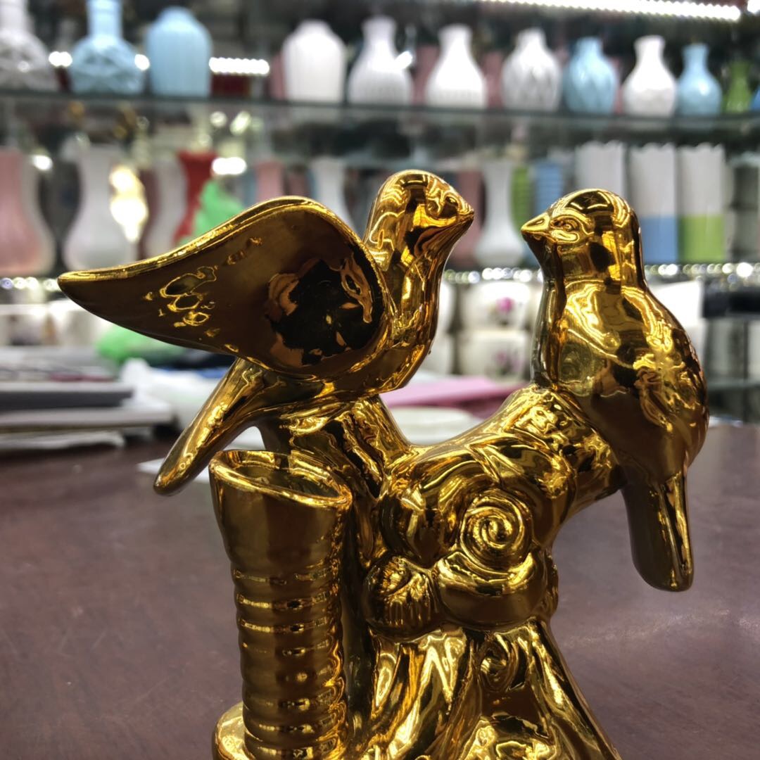 兴源陶瓷工艺品 电镀飞鸟摆件 金色桌面摆件 书桌工艺品   陶瓷摆件 生日节日礼品  0069