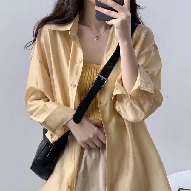 The simple solid-color tencel shirt bluepops Korean spring new style loose semi-transparent sun-protective shirt