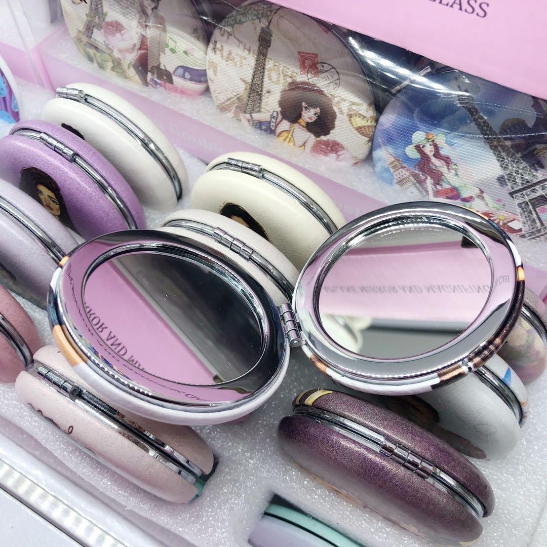 花色创意随身双面小镜子便携可折叠学生PU皮化妆镜卡通可爱小圆形镜子细节图