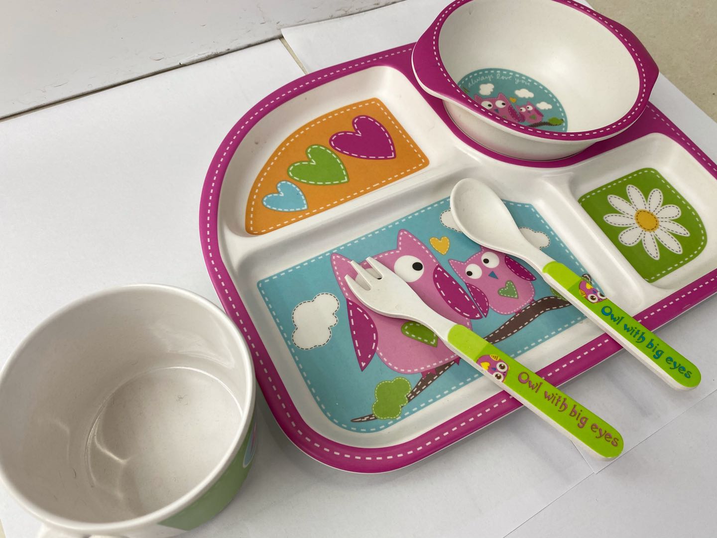 Cartoon Owl Children Full Family Dining Plate Divided Into Three Tray
