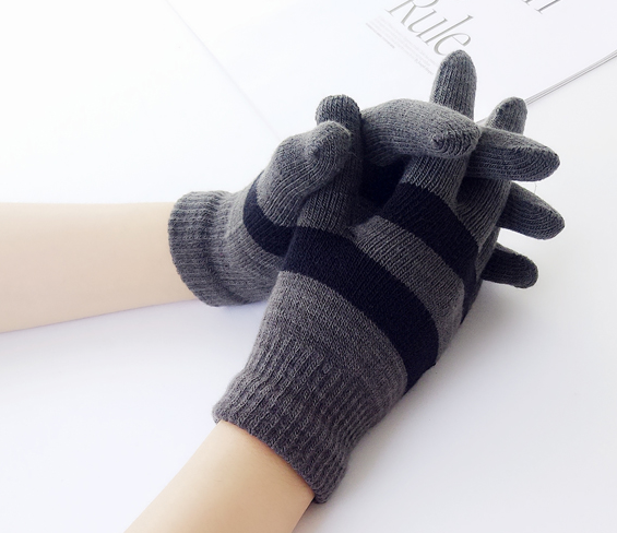 五指学生韩版拉绒男女通用条纹成人手套针织毛线冬季手套魔术产品图