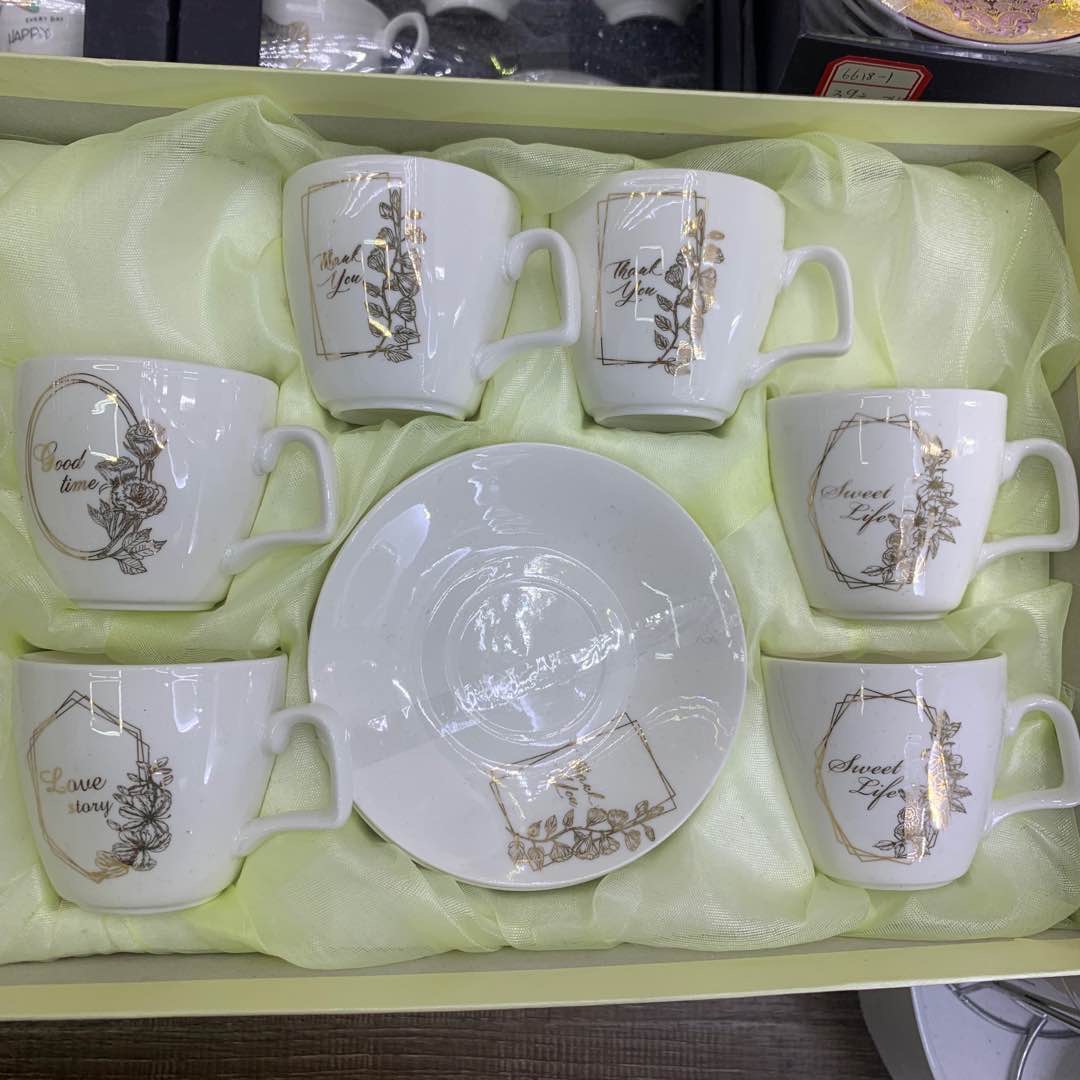 陶瓷茶杯套杯杯子茶壶茶碟茶具一套碟子印图案美观白色