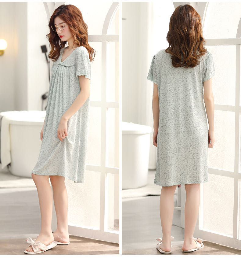 Nightdress Women Summer Cotton Short-Sleeved Mid-Length Pajamas Large Size Thin Home Wear Specification drawing