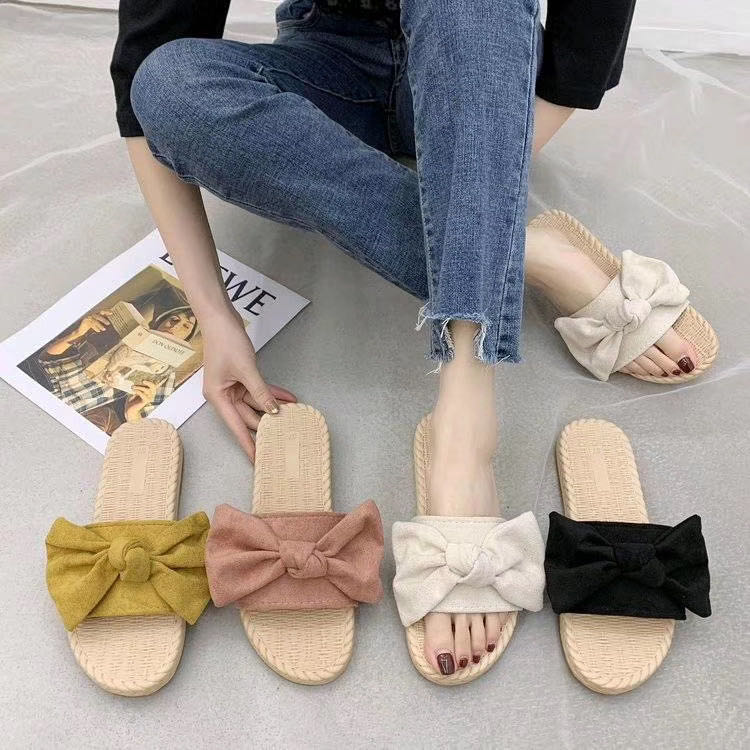 家居家亚麻蝴蝶结拖鞋女家用室内防滑软底夏天情侣凉拖鞋四季棉麻