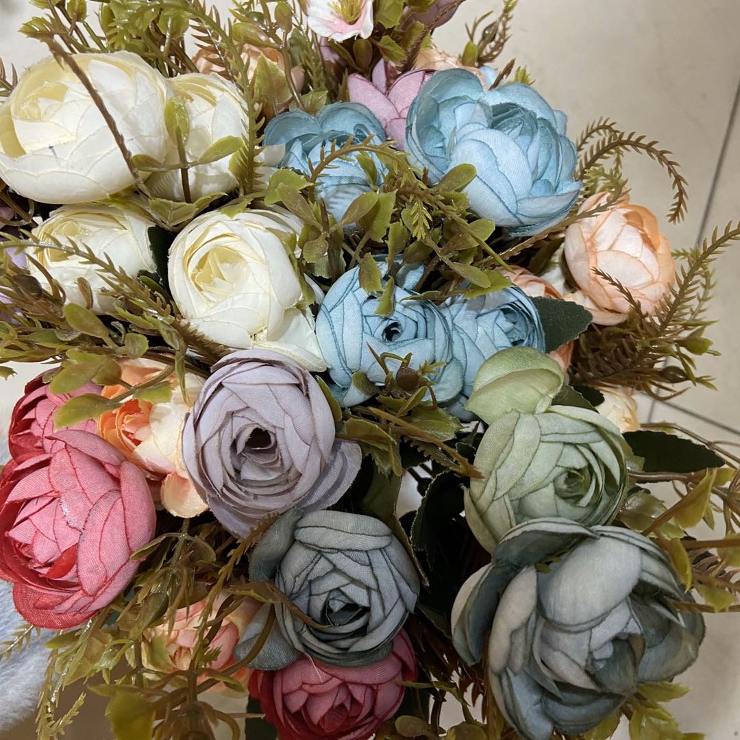 油画大茶花5头仿真花假花装饰花绿叶客厅家居软装摆件