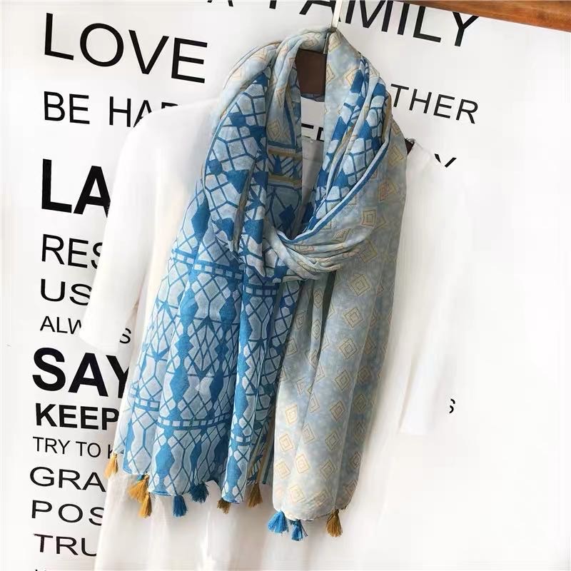 Blue Printed Scarf Long Silk Scarf With Fringe details Picture