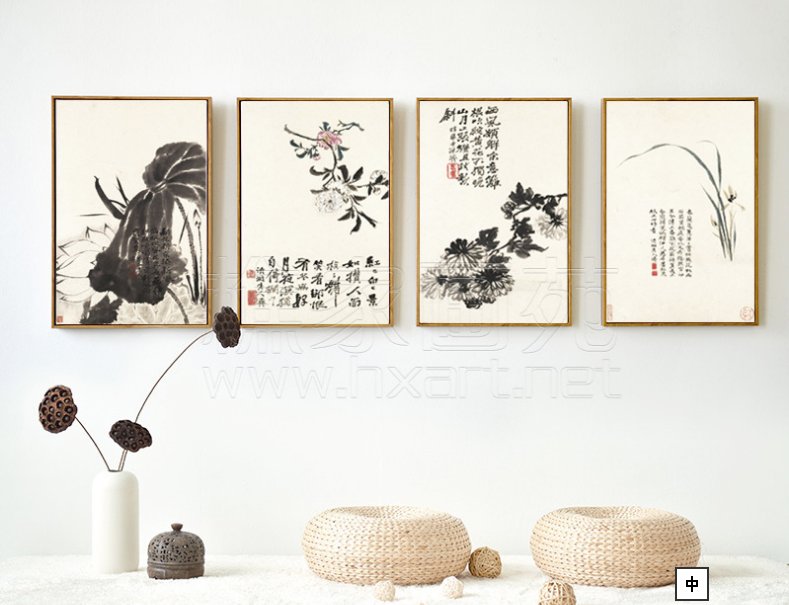新中式石涛三联画客厅挂画现代简约壁画餐厅字画