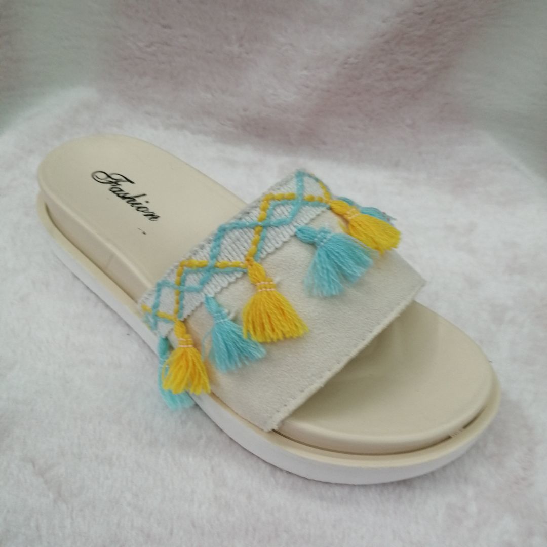 Woolen Tassel Cloth Shoe Head With Waterproof Table Slippers New Summer One Word Fashion Sandals Burst Female Drag