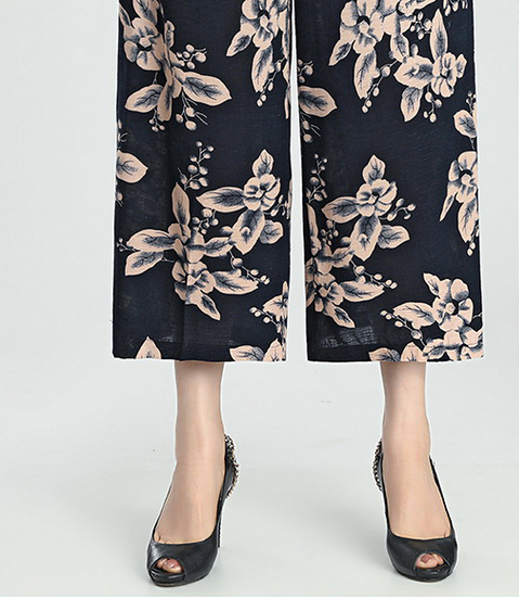 新品中老年女装休闲裤子夏天薄款妈妈高腰棉麻印花大码九分直筒裤产品图