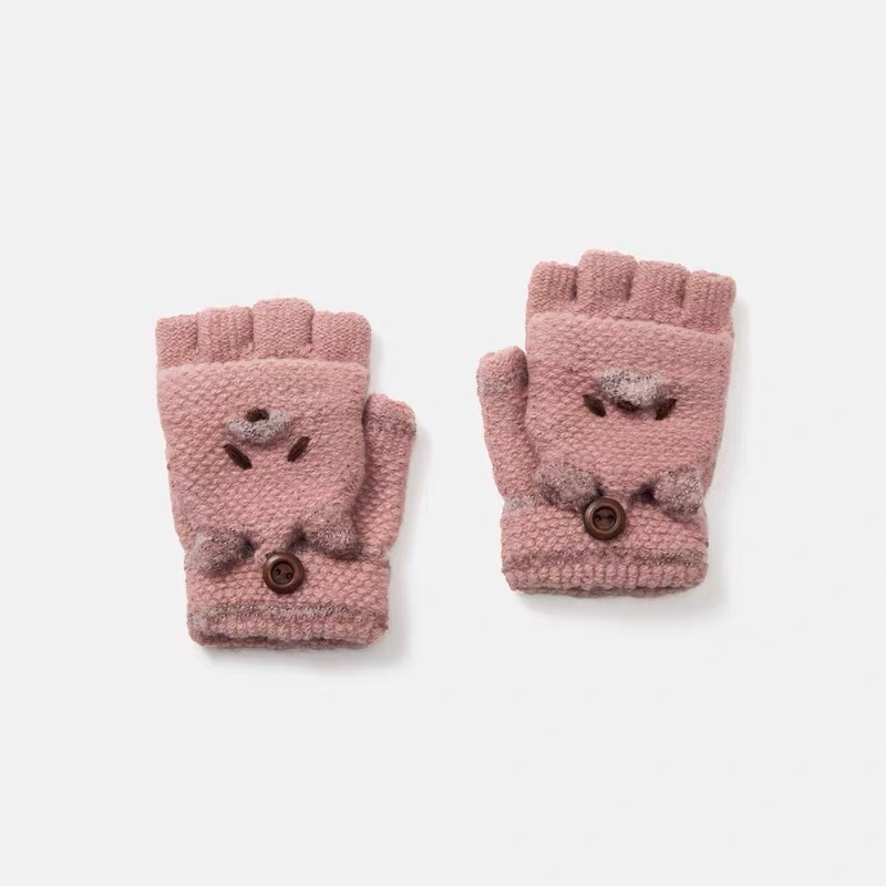 儿童手套翻盖冬装新款小熊卡通小孩半指保暖手套