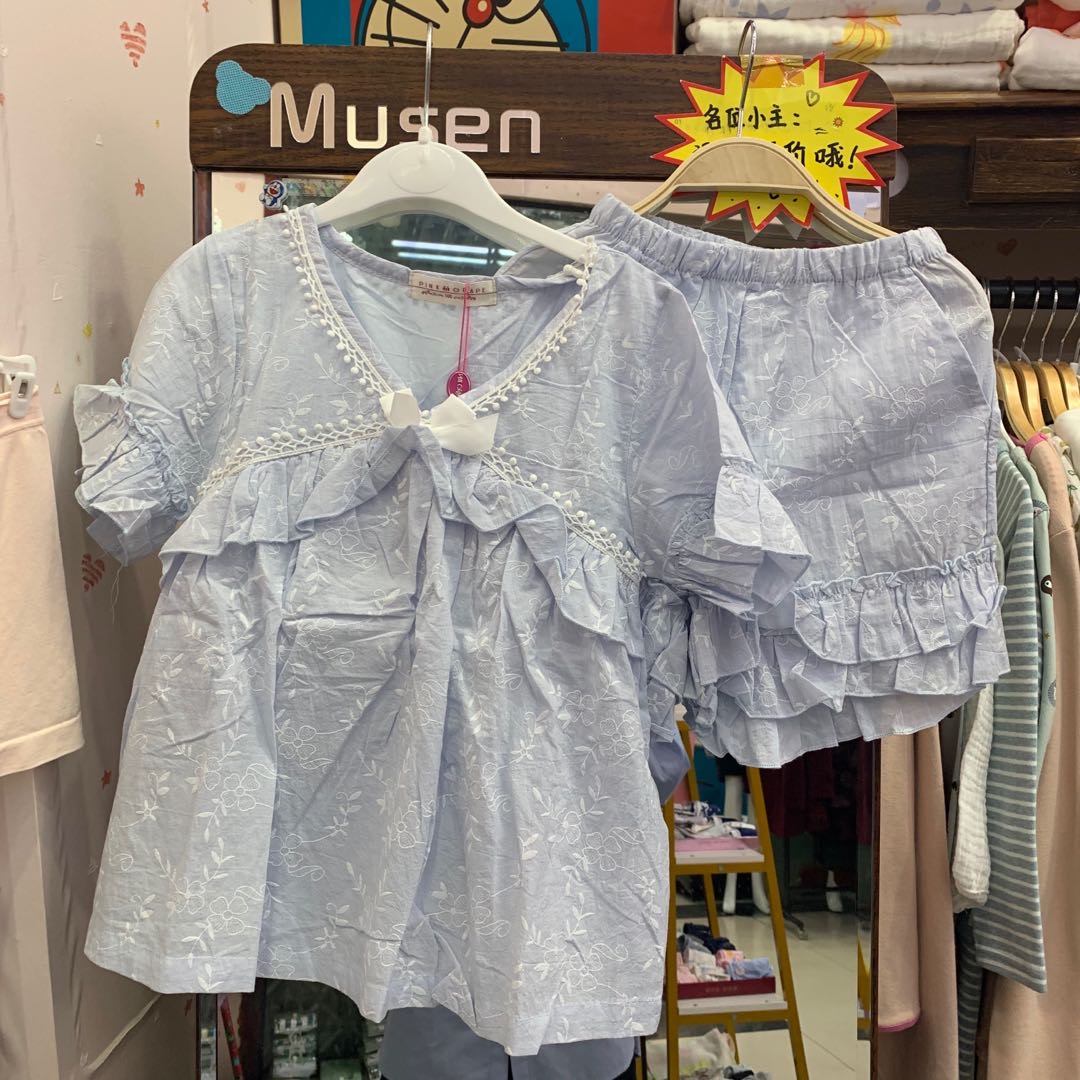 厂家直销夏季儿童短袖短裤花边可爱棉套装