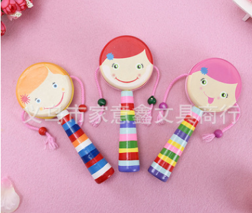 特价热卖爆款木制玩具木头拨浪鼓卡通女孩拨浪鼓